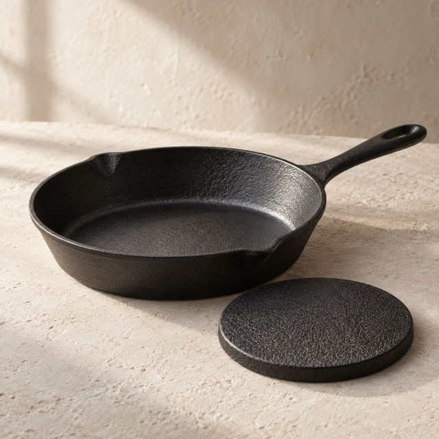 Cast-iron skillet and material sample